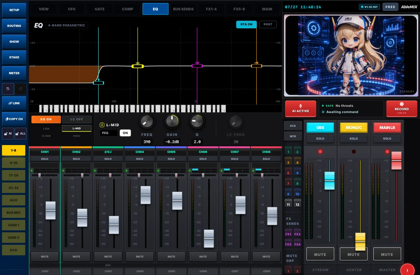 4-band parametric EQ with piano keyboard