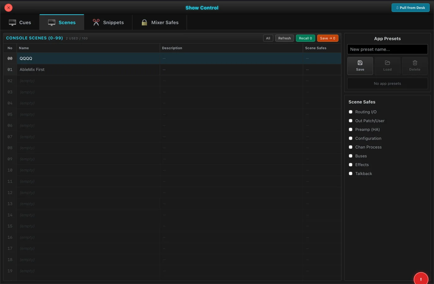 Show Control — scenes, cues, snippets